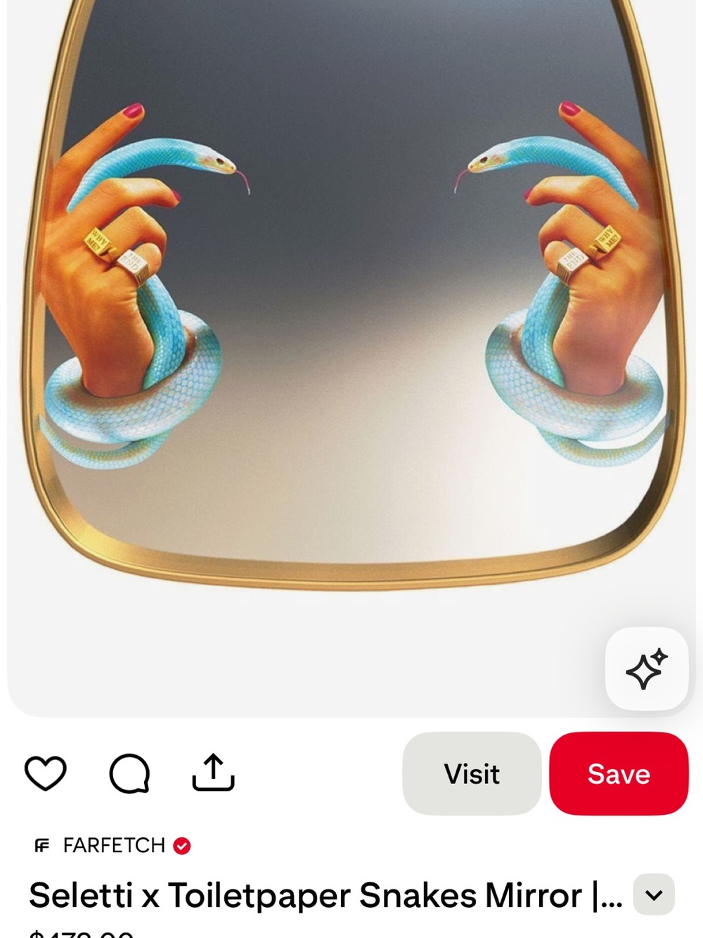Seletti Gold-Trim Mirror with Bright Blue Snake Motif